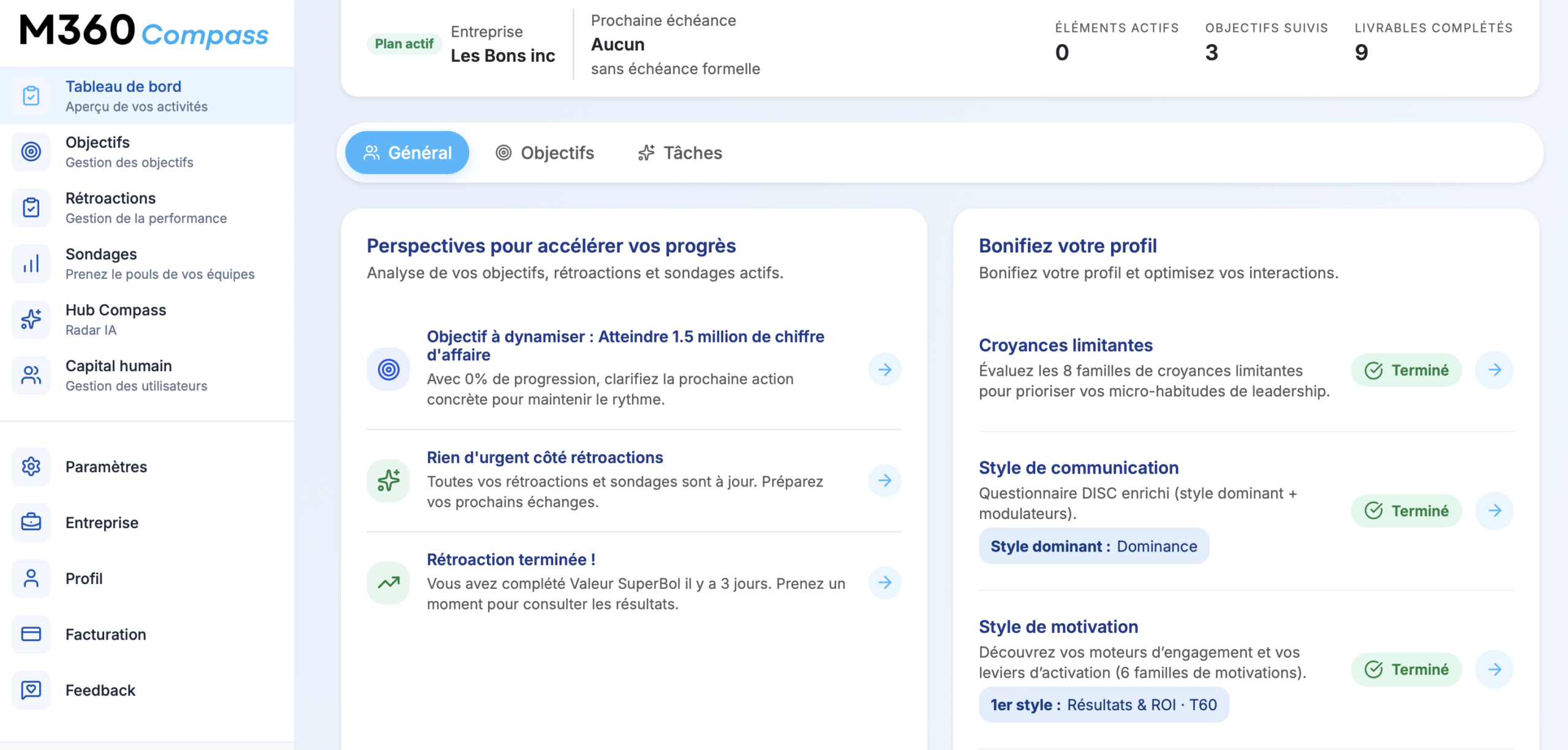 Capture d'écran du tableau de bord M360 Compass - Radar de leadership